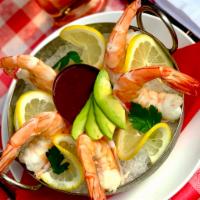 SHRIMP COCKTAIL · Four U10 jumbo shrimp poached in court bouillon, LF cocktail sauce