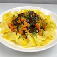 BEEF BOURGUIGNON · Red wine sauce, carrots, pearl onions, pappardelle pasta