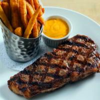 STEAK FRITES · Grass fed 10 OZ. Sirloin steak, choice of au poivre or Chimichurri or Choron sauce, French f...
