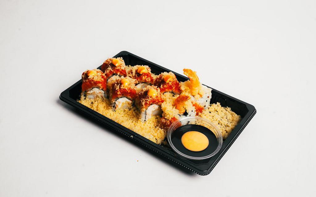 *Fire Cracker Roll · Shrimp tempura, crab salad, avocado and topped with salmon. Drizzled with spicy mayo and unagi sauce.