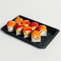*Tropical Roll · Shrimp tempura, crab salad, avocado topped with salmon and tuna. Drizzled with spicy mayo an...
