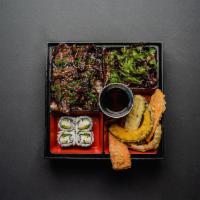 Kalbi (Marinated K-BBQ) Box · K-BBQ marinated kalbi bone-in short ribs served with mixed vegetable tempura, fresh green sa...