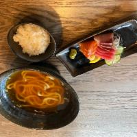 Sashimi Set  · Sashimi (Tuna, Salmon and Hamachi), Rice comes with your choice of Large Udon