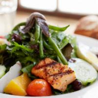 Salmon Salade Nicoise · grilled salmon over mesclun salad, string beans, cucumber, beets, black olives, hard boiled ...