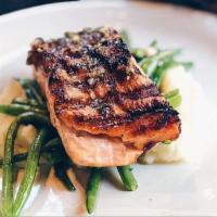 Grilled Salmon · cooked medium  served with mashed potatoes and string beans, pistou sauce