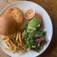 Salmon Burger · Served with fries, salad, tomato, pickles  and onion. chipotle mayo