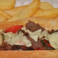 Philly Cheese Steaks · Made with your choice of meat, bell peppers, onions, mushrooms and swiss cheese, served with...