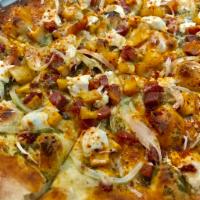 Savoyarde Pizza · Fromage blanc, potato, bacon, onion, raclette and mozzarella cheeses