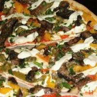 3. Portobello Gourmet Pizza · Fresh mozzarella cheese and portobello mushrooms, sun-dried tomatoes, fresh tomatoes and Rom...