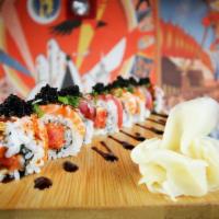 Twin Towers Roll Special · Spicy tuna and spicy salmon. Topped in eel sauce, peppered tuna, Cajun salmon, scallion and ...