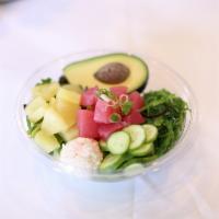 Hawaii Bowl · Tuna, cucumber, crab meat, avocado, seaweed salad pineapple, green onion, and furikake.