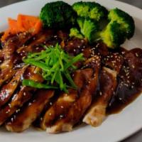 Chicken Teriyaki · Served with jasmine rice and mixed vegetables with miso soup or house salad. Substitute brow...