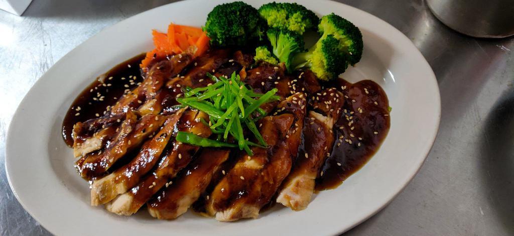 Chicken Teriyaki · Served with jasmine rice and mixed vegetables with miso soup or house salad. Substitute brown rice for an additional charge.