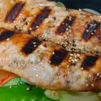 Salmon Teriyaki · Served with jasmine rice and mixed vegetables with miso soup or house salad. Substitute brow...
