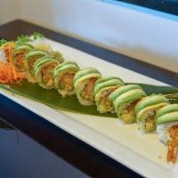 Dragon Roll · Shrimp tempura, asparagus, avocado, spicy mayo, topped with avocado and masago. Sliced to 10...