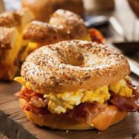 Egg, Cheese and Meat ·  bagel of your choice, scrambled eggs, cheese, 1 meat choice (bacon, sausage, turkey, chicke...