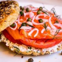 Lox Bagel · bagel of your choice, fresh smoked lox, cream cheese, tomato, onion, capers