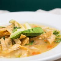 Famous Tortilla Soup · shredded chicken, avocado, melted cheese, tortilla strips in a delicious chicken broth.