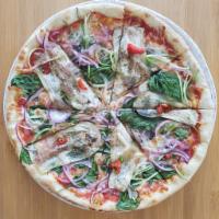 Pizza Ortolana  · Eggplant, zucchini, onion, mozzarella cheese, spinach, red pepper and tomato sauce.