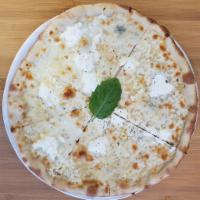 Pizza Five Cheese · Mozzarella, Gorgonzola, mascarpone, ricotta Parmigiano and pecorino.