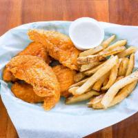 4 Spicy Tender Strips · Served with french fries.