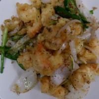 Salt & Pepper Shrimp · Fried tempura battered shrimp, then stir-fried with garlic, jalapenos, white onion, spring o...
