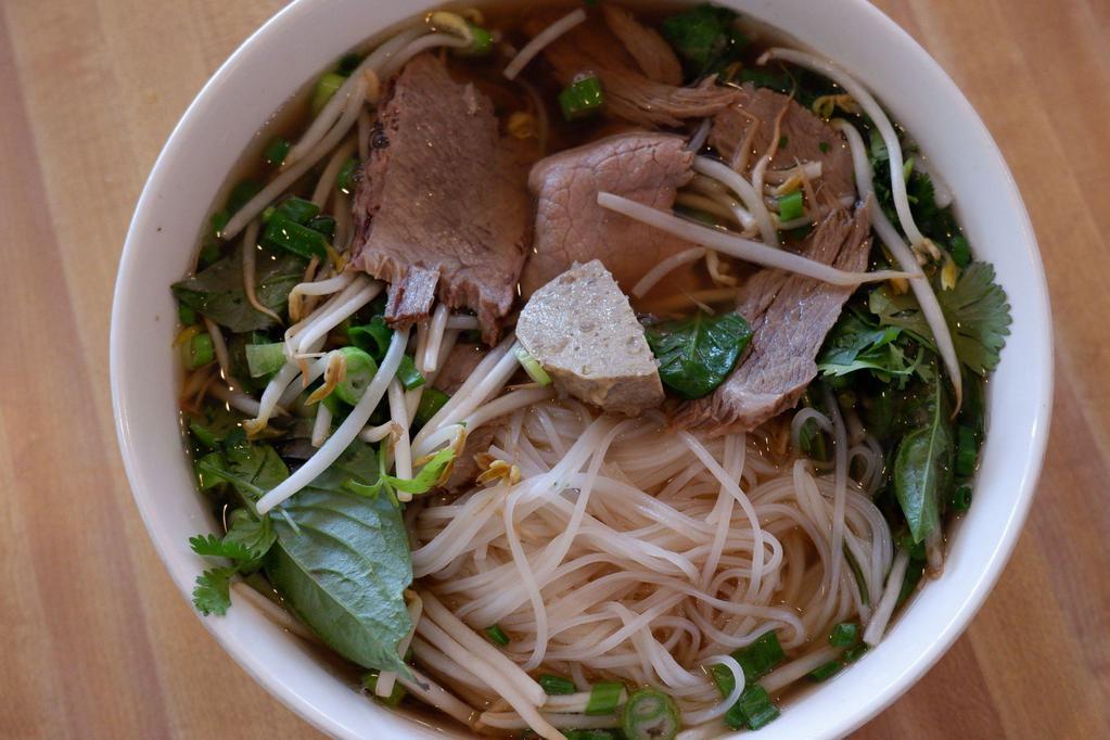 Beef Pho · Beef broth with a combination of Angus rare steak, brisket, and meatballs or any 3 cuts of meats.