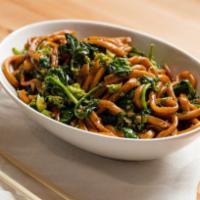 vegetable dan mein · handmade thick noodles with broccoli, snow pea leaves, shitake mushrooms, garlic and our sig...