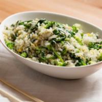 vegetable fried rice · vegetable fried rice with egg, spinach, broccoli, and green onions.