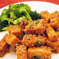 108. Sesame Tofu · Served in a sweet sauce served with sesame seeds.