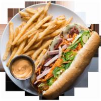 Classic Sandwich with Fries and a Drink · BBQ pork, pork roll and pate with pickled carrots and daikon, cucumber, green onions, cilant...