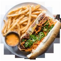 Special Sandwich with Fries and a Drink · Grilled pork, eggs and pate with pickled carrots and daikon, cucumber, green onions, cilantr...