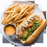 Lemongrass Chicken Sandwich with Fries and a Drink · Pickled carrots and daikon, cucumber, green onions, cilantro, jalapeno, and mayo.