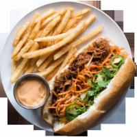 Pulled Pork Sandwich with Fries and a Drink · Pickled carrots and daikon, cucumber, green onions, cilantro, jalapeno, and mayo.