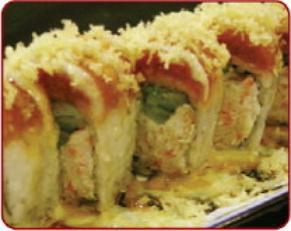 Red Dragon Roll · Base: crab meat, shrimp tempura, avocado and cucumber. Top: spicy tuna and crunch flakes. Spicy.
