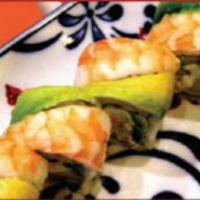 Killer Shrimp Roll · Base: shrimp tempura, crab meat, avocado and cucumber. Top: shrimp, avocado and eel sauce.