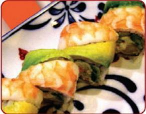 Killer Shrimp Roll · Base: shrimp tempura, crab meat, avocado and cucumber. Top: shrimp, avocado and eel sauce.