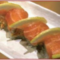 Salmon Love Roll · Base: spicy salmon and cucumber. Top: salmon and ponzu sauce.