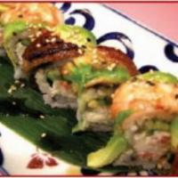 Lion King Roll · Base: crab meat, cucumber, avocado and cream cheese. Top: eel, shrimp, avocado and eel sauce.