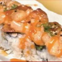 Scallop Fantasia Roll · Base: California roll. Top: scallop mixed with mayo and spicy mayo then baked.
 ** All baked...