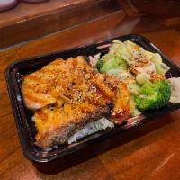 Salmon Teriyaki Dinner Entree · Grilled salmon teriyaki with steam veggies and rice.