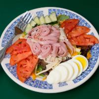 Chef Salad Lunch · Mixed greens, tomato, shredded cheese, hardboiled egg, cucumbers, ham and turkey or grilled ...