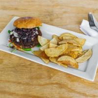 Vegan Burger · Vegan bread, black beans, cheese and vegan cheese. Served with mix greens and fresh cut wedg...