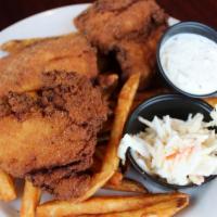 New England Style Fish & Chips · Atlantic haddock, cole slaw, tartar sauce and your choice of one side.