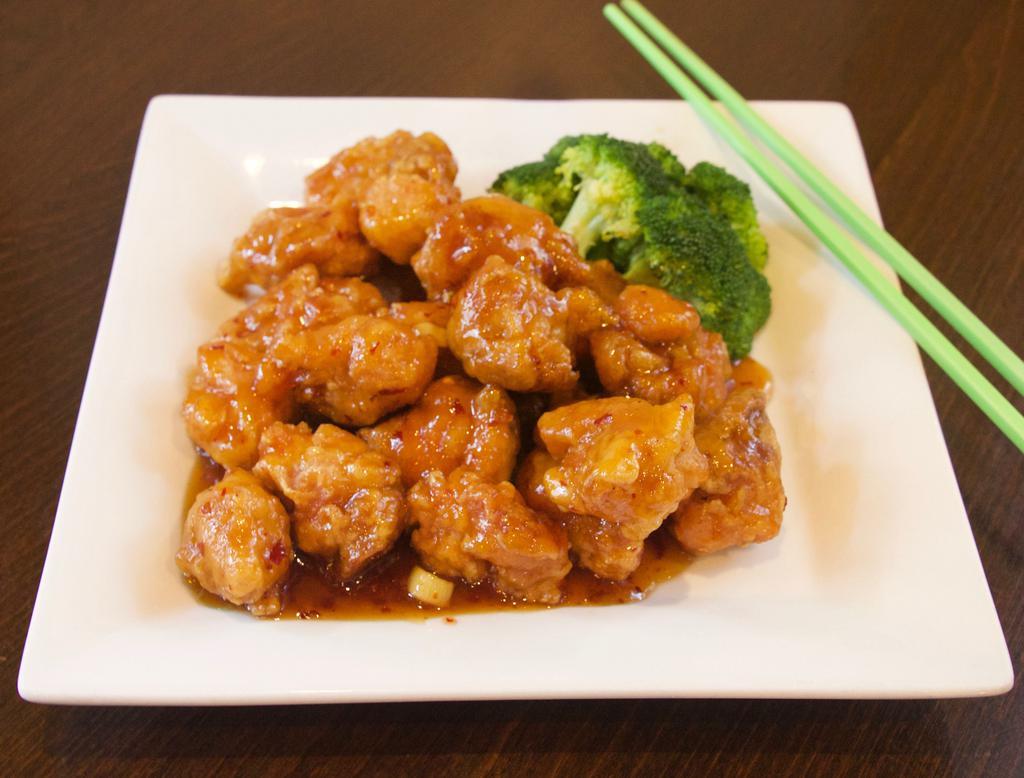 General Tso's Chicken · Served with steamed rice or brown rice. Spicy.