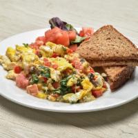 Veggie Eggs · Organic eggs, tomatoes, portobella mushroom, Monterey Jack cheese, red onion, bell peppers, ...