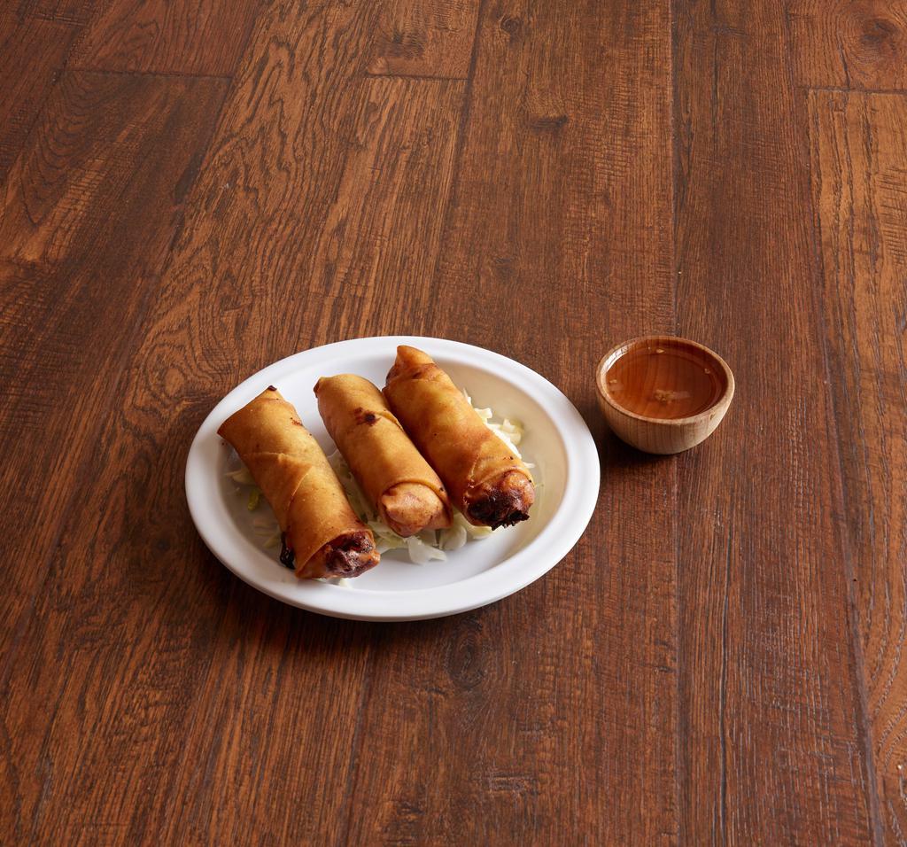 3 Veggies Spring Rolls · Crispy rolls filled with cabbage, onions, carrots and glass noodles. Served with sweet and sour sauce.