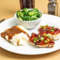 Char-Grilled with BBQ Chicken Dinner · A generous portion of juicy chicken cooked over the grill and topped with Honey Barbecue Sau...