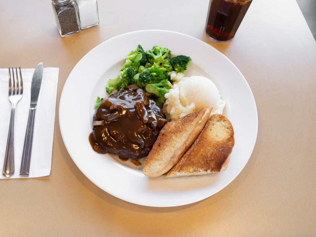 Chopped Sirloin Dinner · Chopped sirloin with mushrooms and gravy. Served with two side order choices and a grilled roll.