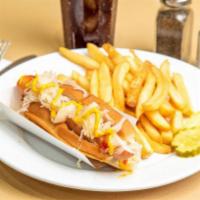 Creamery Dog · A hot dog with onion, mustard, Newport's creamery's own red pepper relish and sauerkraut.